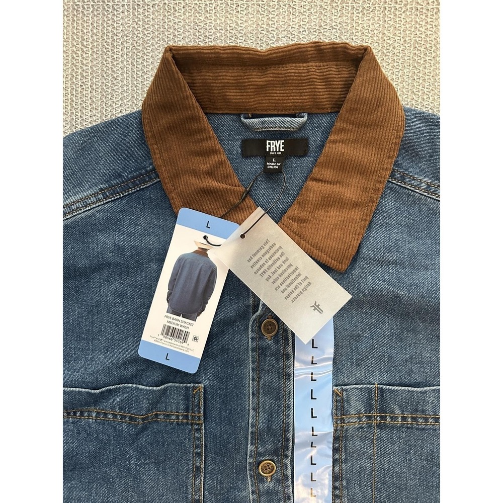 FRYE Denim Shirt Jacket with Brown Corduroy Collar Size L